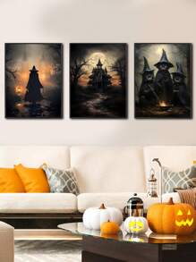 Juego de 3 obras de arte de lienzo de Halloween, arte de pared de academia oscura, bruja espeluznante, gato negro, castillo, carteles, impresiones, thriller, horror, decoración gótica de pared para fiesta de Halloween, decoración de la habitación, decoración gótica, decoración de dormitorio, decoración de sala de estar