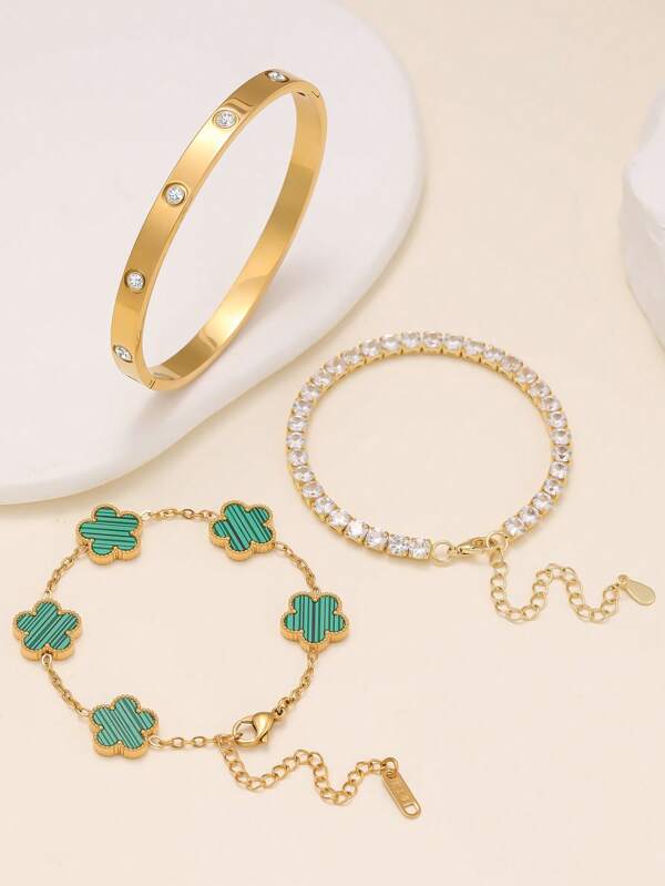 Fashion Retro Lucky Flower Clover Stainless Steel Bangle Bracelet, Suitable For Women Everyday Wearing Accessories Set