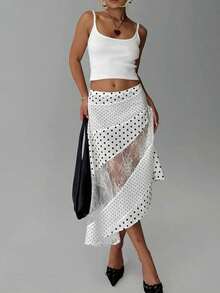 Women's Y2K Lace Patchwork Flowy Midi Skirt Vintage Low Waist Floral/Dots Print Asymmetrical Hem Flowy Long Skirts Summer Fall Beach Vacation Lightweight Aesthetic Skirt - 白色 - 查看 9