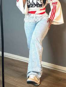 Solid Color Wash Blue High-Waisted Jeans, Loose Diagonal Pocket Zipper Button Open And Close Jeans, Women's Jeans And Clothing - Babyblå - Visa 3