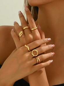 欧美饰品10件套 小众设计 几何弧形戒指 铰接式戒指 夸张开口套装 适合女性日常佩戴 - 10隻戒指 - 查看 5