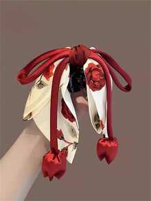 Ellevyn 1个/2个复古优雅新款中国风布艺玫瑰花印花蝴蝶结发夹，郁金香花苞马尾辫，半扎发造型装饰发饰，适合约会、海滩度假、连衣裙、日常出行，波西米亚风优雅复古时尚爪夹夏季 - 彩色 - 查看 8