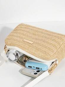 编织迷你方形斜挎包，女士休闲单肩包，街头时尚，夏季假日必备小包，可装手机、口红、钱包，适合派对和聚会（手工编织，可能与图片略有不同）