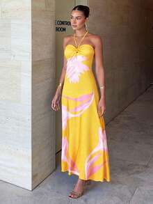 Summer 2025 Floral Halter Neck Maxi Dress  Sexy Forma Wedding Guest Dress Beach Party Gown Flowy Long Sundress For Women - 黃色 - 查看 10