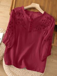 Women's Embroidered Loose Retro Boho Style Mid-Sleeve Blouse, Spring/Summer - Rose Red - View 3