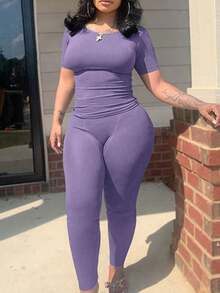 Plus Size Ribbed Bodycon 2-Piece Set For Women - Short Sleeve Slim Top & High Waist Leggings Suits- Casual Lounge Wear Outfit, Athletic/Yoga Suit - 紫色 - 查看 1