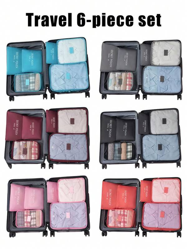 6 pièces de petite taille, Ensemble de sacs de rangement de voyage imperméables avec motifs de lettres, Ensembles de sacs de rangement de voyage, Ensembles de cubes d'emballage, Organiseurs de bagages de voyage, Sacs de rangement pour valise, Accessoires de voyage, Pochettes de rangement polyvalentes et légères, Sac de voyage étanche à la poussière, Sacs de rangement de voyage multifonctionnels pour le tri des vêtements, Pochettes de compression d'emballage de voyage, Pour la maison et les voyages