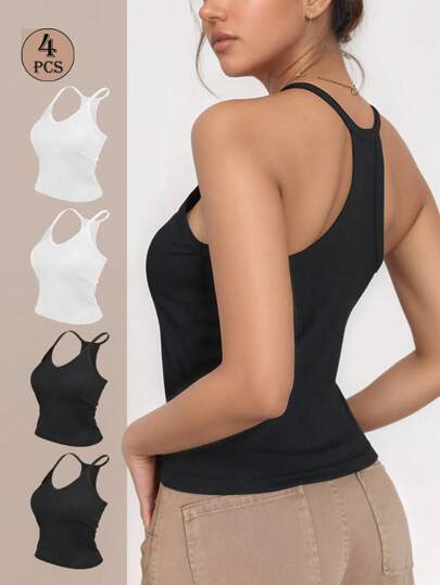 4 Peças Regata Canelada Sólida Feminina, Camisa Curta de Alça Fina de Moda Simples para Menina Sexy, Top Casual Esportiva com Costas Bonitas