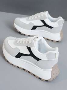 New Breathable Color-Blocking Dad Shoes 2025 Spring And Summer Sports Shoes Thick Sole Heightened Outdoor Street Photography And Leisure - 白灰 - 查看 1