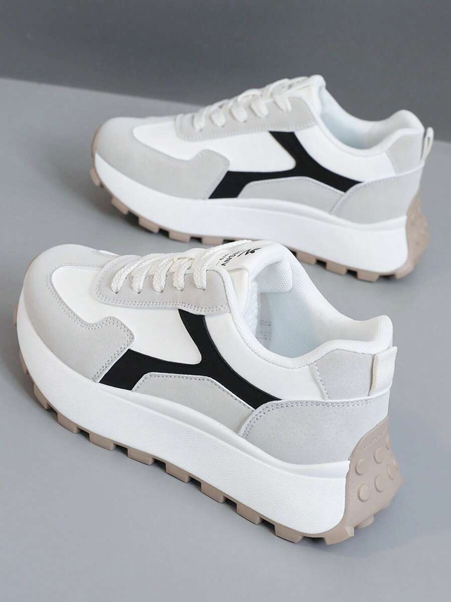 New Breathable Color-Blocking Dad Shoes 2025 Spring And Summer Sports Shoes Thick Sole Heightened Outdoor Street Photography And Leisure - 白灰 - 查看 1