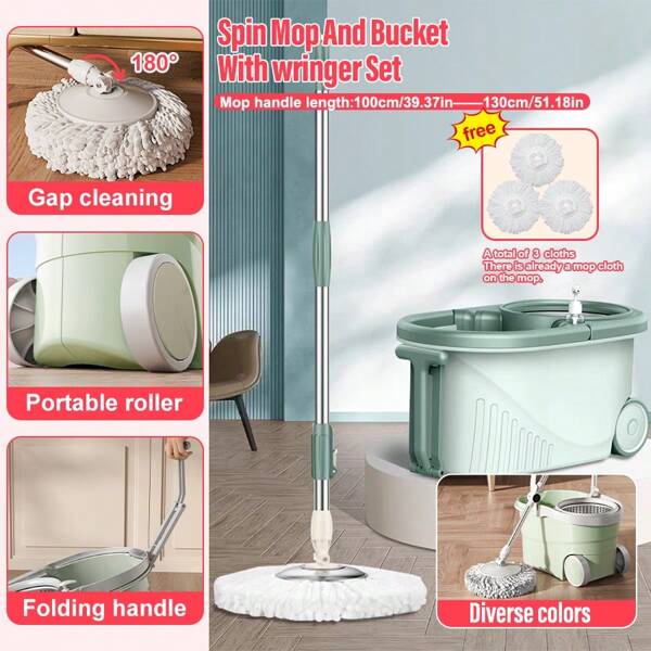 A Set Of Dual-Drive Rotating Mop, Spin Mop And Bucket With Wringer Set, 360° Rotating Mop,With Wheels And Stainless Steel Handle, With 3 Microfiber Replacement Mop Heads, Cleaning Kit For Kitchen, Living Room,Bathroom,Bedroom