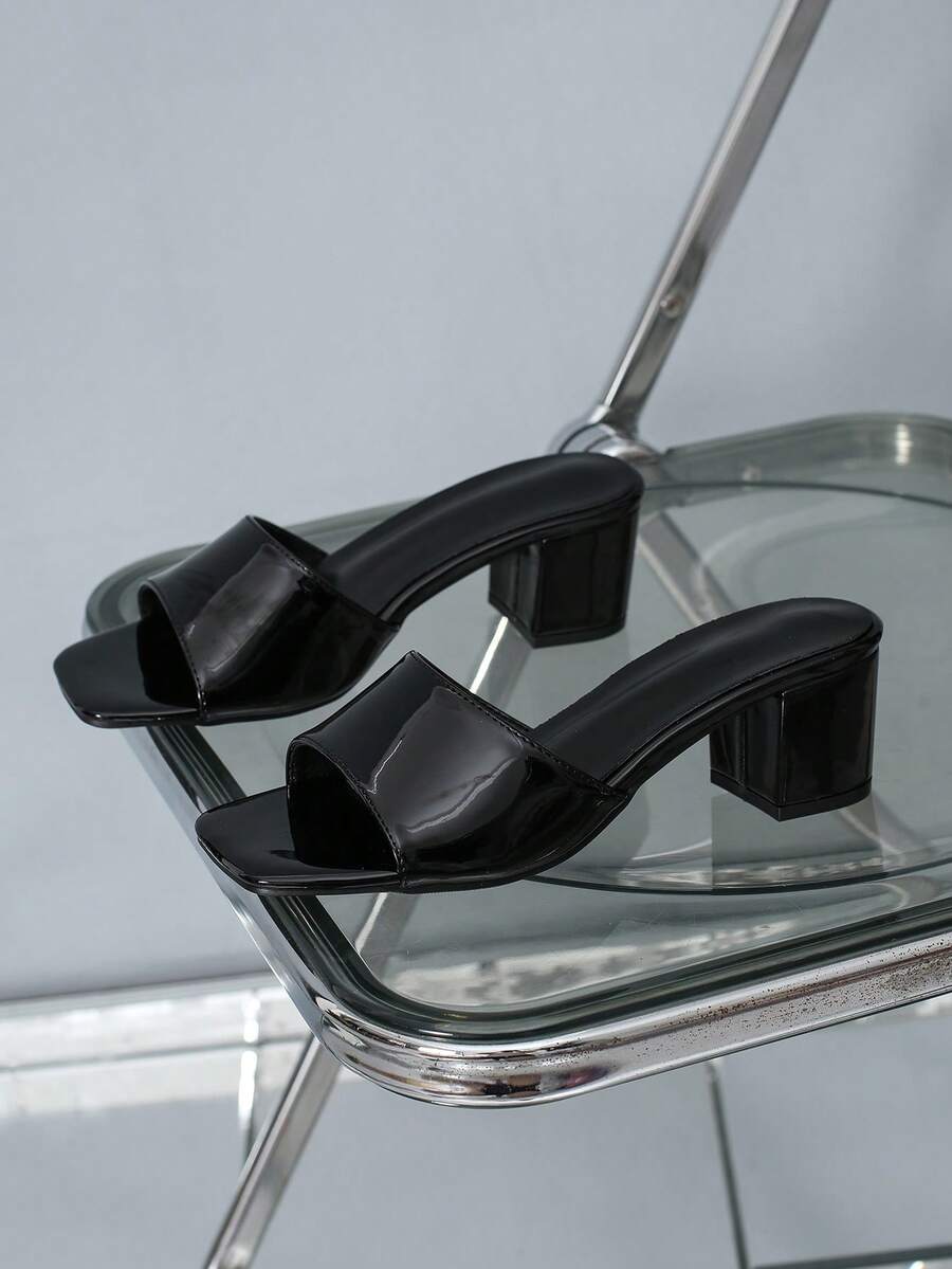 2025 Elegant Women's Black High Heels, Summer Fashion Elegant Black High Heel Sandals, Simple Slip-On Thick Heel Square Toe Mules, Glossy Women Shoes,Chunky Heels