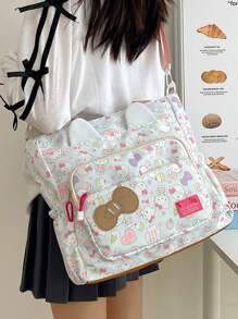 Sanrio Borsa a tracolla stampata coreana, leggera, impermeabile, con una sola spalla, alta capacità, con simpatico motivo KT cat, borsa versatile per cosmetici e forniture scolastiche, per il ritorno a scuola