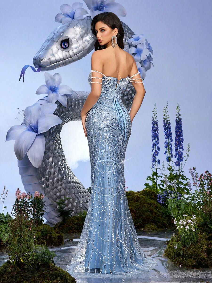 LUVISTRUE 仙女气质珍珠装饰礼服女式亮片晚礼服适合毕业季舞会、生日派对、联欢晚会、鸡尾酒会、音乐会、颁奖典礼单肩及地长裙