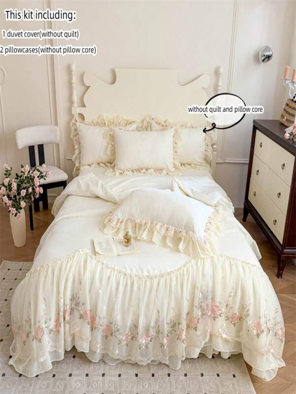 Juego de ropa de cama de 3 piezas con estilo de princesa, bordado floral y encaje (Funda nórdica y Funda de almohada) sin relleno