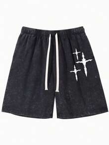 Cross Design Gradient Washed Shorts, Y2K 100% Cotton Men's Graphic Print Shorts, Men's Print-Shorts, Custom Men's Tops, Men's Gradien Tgraphic Shorts , Summer Comfort Cotton Shorts, Vintage Washed Denim Shorts, Artistic Y2K Wash Shorts - 黑色 - 查看 1