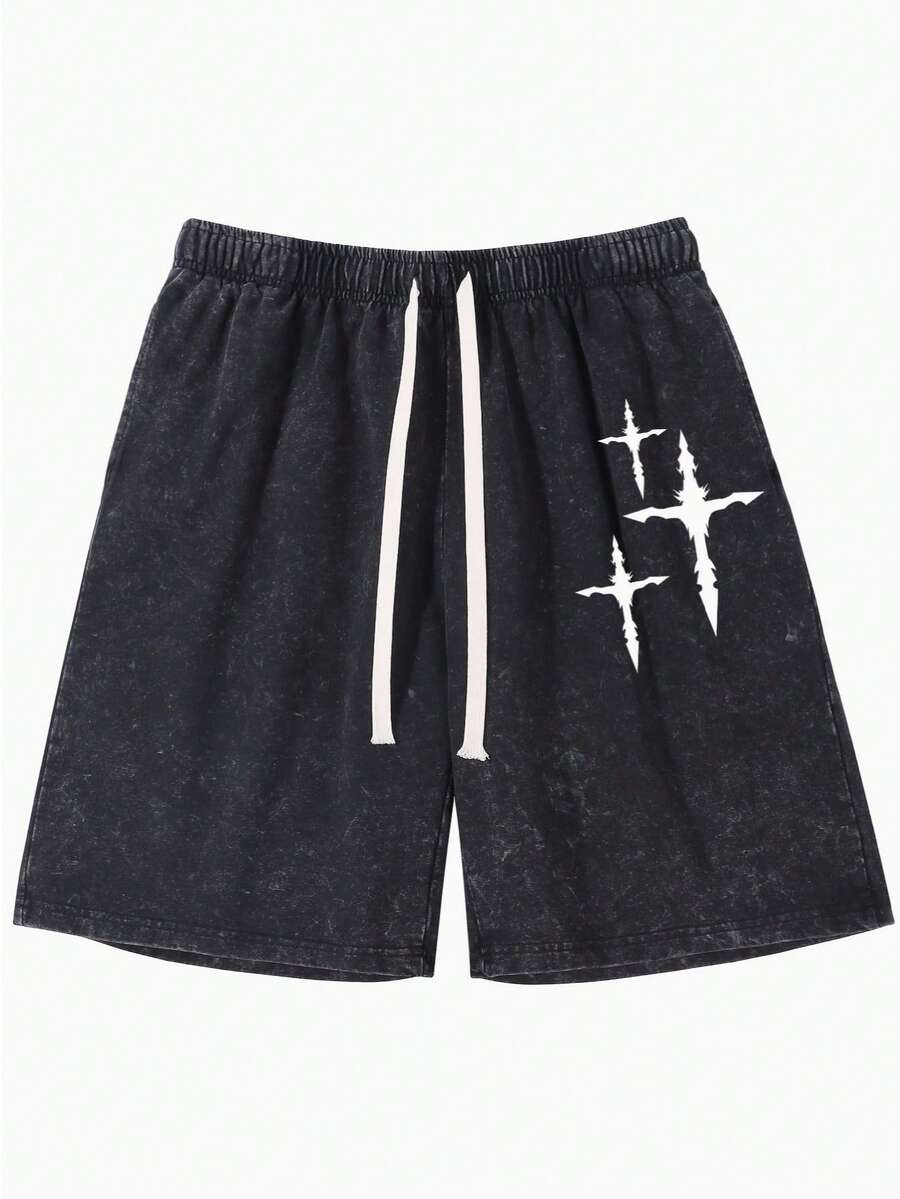 Cross Design Gradient Washed Shorts, Y2K 100% Cotton Men's Graphic Print Shorts, Men's Print-Shorts, Custom Men's Tops, Men's Gradien Tgraphic Shorts , Summer Comfort Cotton Shorts, Vintage Washed Denim Shorts, Artistic Y2K Wash Shorts - 黑色 - 查看 1
