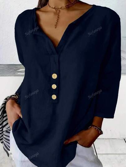 Solid Color Front Button Placket Casual Shirt, Suitable For All Seasons