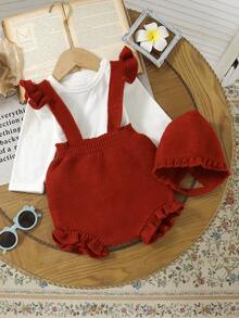2-pack set med volangband och mössa för babyflickor, moderiktigt och sött - Röd - Visa 2