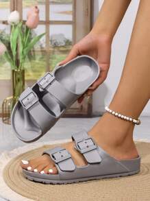 Teen Girls' EVA Slip-On Flat Sandals With Buckle Strap, Comfort Beach Slippers
