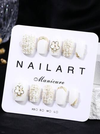 10件套，白色，短梯形，按压式指甲，可穿戴美甲，手工制作，优雅大方的设计，高端法式风格，凝胶抛光，闪粉，猫眼效果，全覆盖假指甲片，填充各种形状的3D金属、大颗水钻和指甲宝石，附带1管果冻胶、1根指甲棒和1条抛光胶带。美甲用品