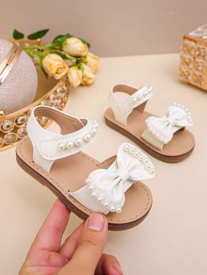 Girls' Fashion Adorable Big Bow Pearl Decor Outdoor Flat Sandals, Soft & Comfortable