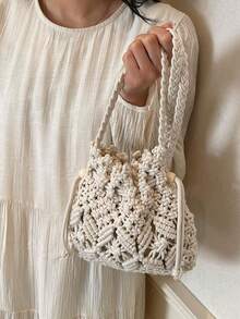 Woven Straw Bag Crossbody Bucket Bag Beach Bag - Beige - View 2