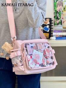 可爱日本学校斜挎包基本款透明 Ita 包新款简约女生单肩包学院风大学生手提包 Ita 包带徽章展示盘小侧袋可放 10 厘米娃娃 DIY Ita 包 JK 返校礼物演唱会动漫粉丝包女士