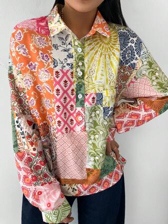 女士撞色花卉拼接图案翻领纽扣口袋细节长袖衬衫，适合春夏度假穿着，宽松时尚休闲舒适，印花格纹阳光植物花卉图案拼接设计，休闲度假旅行服装，方便口袋设计，系带设计，夏季上衣衬衫女式衬衫