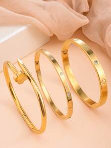 3pcs 18K Gold Plated Stainless Steel Four-Leaf & Three-Leaf Clover Bangle Bracelets, Suitable For Women's Party, Daily Wear, European & American Style, Personalized, Generous, Luxury Cubic Zirconia Wristband, Wedding Jewelry Set, Gift For Girls, Women, Relatives, Friends, Beautiful Wedding, Birthday, Valentine's Day, Mother's Day - Silver 2 - View 4