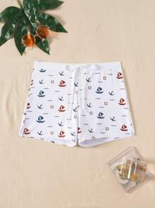 Men's Anchor Print Drawstring Swimming Trunks - Stretchy Fabric, White With Red & Blue Anchor Design, Suitable For Summer Beach And Swimming Pool