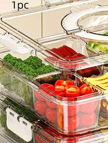 1pc Refrigerator Storage Box With Dividers, PET Portable Drainage Fruit & Vegetable & Egg & Spice Sealed Container - Transparent - View 10