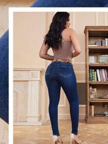 pantalon para dama mujer entubado skinny ajustado calidad stretch Liso    Casual    Mezclilla    Ninguno  Bolsillo  Botón    Diario    diario - Azul - Ver 2