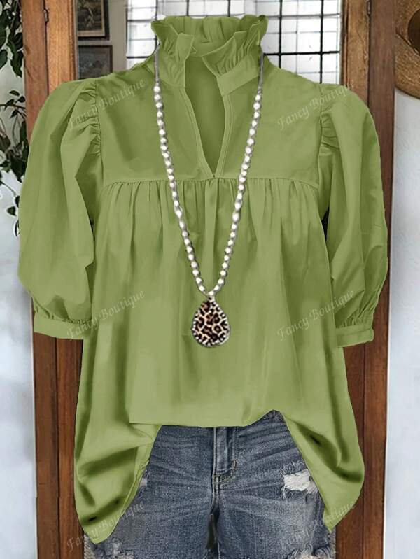 Plus Size Women's 2025 Spring & Summer New Fashion Blouse, French Style Shirt, Puff Sleeve, Back To School, American Shirt, Stylish, Teacher, 70s, Commute, Minimalist, Office Wear, Retro, Simple, French, Spring & Summer Blouse, Vintage Style, Teacher Shirt, Women Plus Size Casual Short Sleeve Solid Color Blouse, Suitable For Outerwear