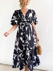 Vestido Largo De Flores,Vestido Largo Casual Mujer,Vestido de mujer con estampado floral, cuello en V cruzado y cintura anudada,Elegante y versátil, apropiado para vacaciones, exposiciones de arte, trayectos, casual, fiestas, playa, picnics al aire libre - Negro - Ver 3