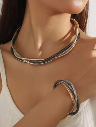 1 Set Simple Woven Wrap Around Necklace And Bracelet Jewelry Set For Women