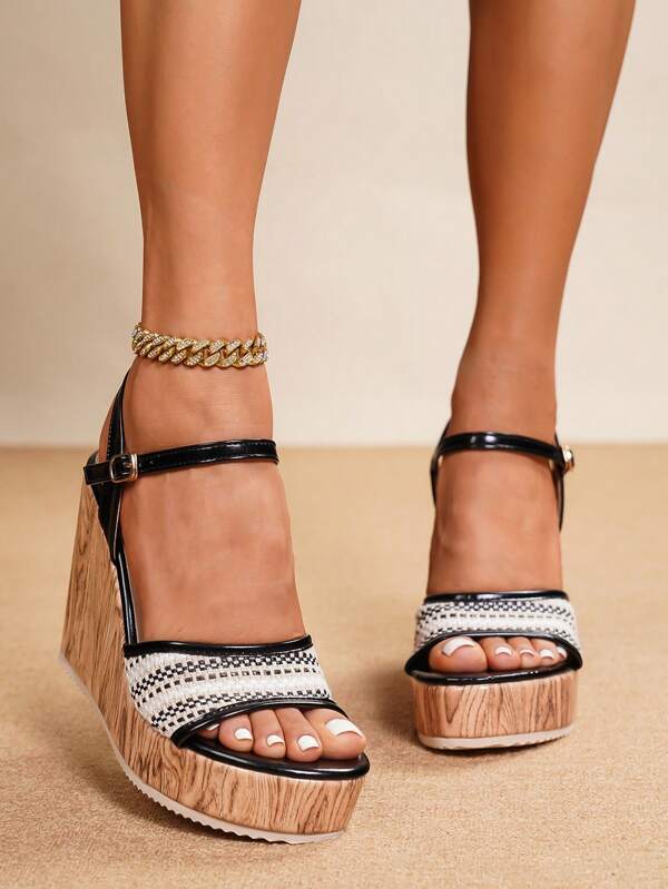 Women's Platform Wedge Sandals, Ladies Thick Bottom Casual Shoes, Hemp Rope Slide Sandals, Suitable For All Seasons, Vacation, Party, Leisure, Beach, Bohemian Style Wood Grain Design, Elegant Beach Resort