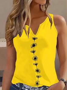 Casual & Fashionable Women Floral & Plant Print Sleeveless V-Neck Tank Top - Yellow - View 1