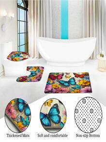 4 Peças Conjunto de Banheiro com Estampa Floral Primaveril de Jardim - Inclui Cortina de Chuveiro Lavável com 12 Ganchos, Tapete Antiderrapante, Tapete de Vaso Sanitário em Formato de U, Tampa de Assento Sanitário e Decoração de Banheiro de Volta às Aulas