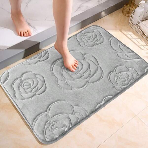 1 pieza Alfombra de piso con relieve de rosa de franela, alfombra suave y cómoda de estilo único adecuada para baño, dormitorio, tapete de entrada