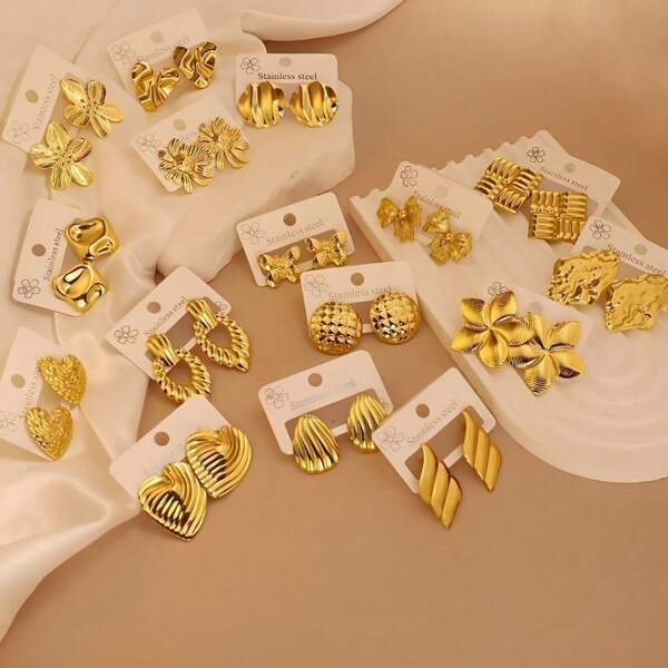 9 Pairs/Sets Of Random Styles Stainless Steel Cast Flowers/Bowknot/Wings And Other Geometric Earrings, Simple Fashionable Ear Ornaments Suitable For Women's Daily Wear