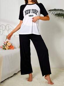 Conjunto de pijama de dos piezas para mujer, de algodón puro, con mangas raglán, color contrastante, cómodo y holgado, para el hogar - Blanco y Negro - Ver 3