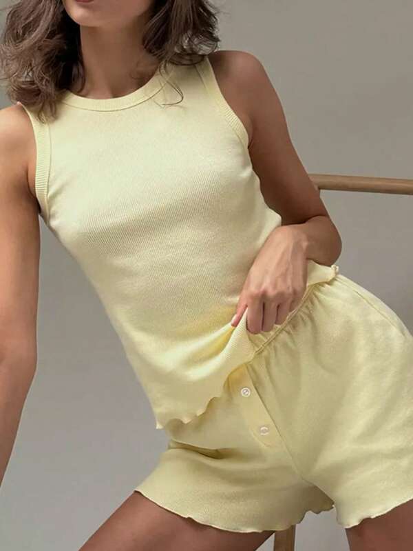 Conjunto de ropa de dormir de primavera/verano 2025 de Europa y América, camiseta de tirantes y pantalones cortos de unicolor y cómodos, conjunto de 2 piezas de ropa de estar en casa