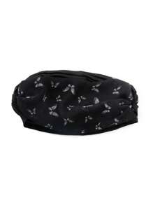 1pc Women's Pre-Tied Satin Turban Hat – Elegant Black Headwrap With White Butterfly Print, Soft Stretch Cap For Muslim Fashion, Party, Or Daily Wear