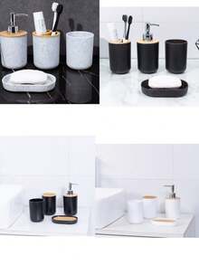 1 套，4 件仿大理石浴室套装，北欧现代简约设计，优雅大方，1 套包括乳液分配器、漱口杯、肥皂盒、牙刷和牙膏架家居浴室装饰浴室配件浴室收纳秋季装饰返校收纳