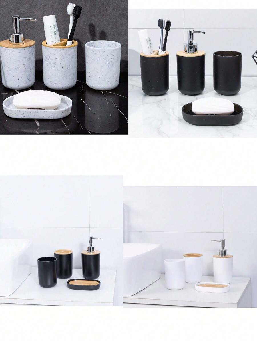 1 套，4 件仿大理石浴室套装，北欧现代简约设计，优雅大方，1 套包括乳液分配器、漱口杯、肥皂盒、牙刷和牙膏架家居浴室装饰浴室配件浴室收纳秋季装饰返校收纳