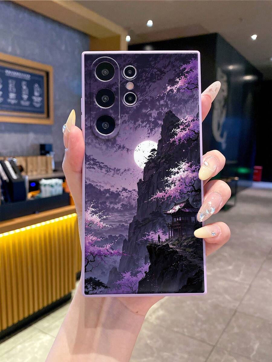 1 件优质山月图案紫色直边精密镂空防震标准手机壳，适用于 16/16e、Redmi、Infinix、Vivo - 紫色 - 查看 1