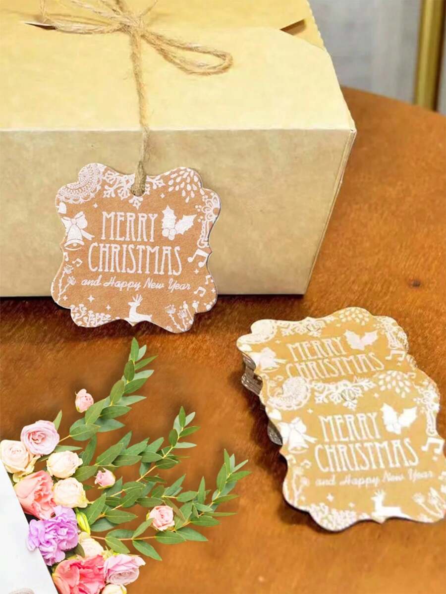 50个圣诞节印刷牛皮纸标签，节日礼物装饰标签标签，礼品包装用品，适用于圣诞节装饰，圣诞树装饰，礼品包装，以及节日期间赠送礼物，圣诞节（配10米麻绳） - 彩色 - 查看 1