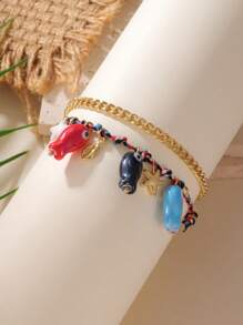 2 Stücke/Set süßes, mehrschichtiges buntes Seil, Keramik Fisch & Seestern, Edelstahl Kette Fußkette Set für Frauen, geeignet für Urlaubsoutfits