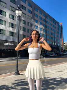 Women One Piece Skirt 2 In 1 Flowy Basic Versatile  Stretchy Flared Casual Mini Skirts - 米色 - 查看 4